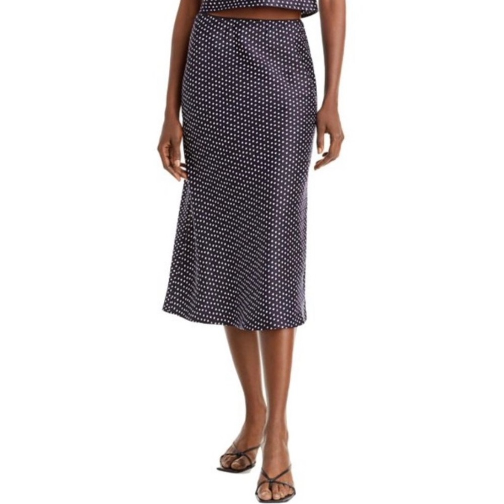 AQUA Brand Women’s navy blue white polka dot design midi skirt.